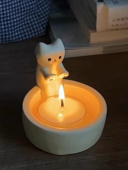 Kitty Little Cat Handmade Ceramic Candle  Holder Candlestick